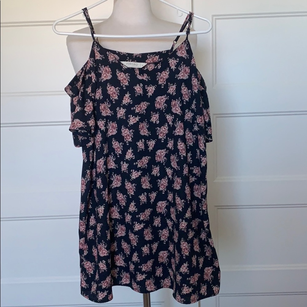 Cold Shoulder Navy Dress with Pink Flowers